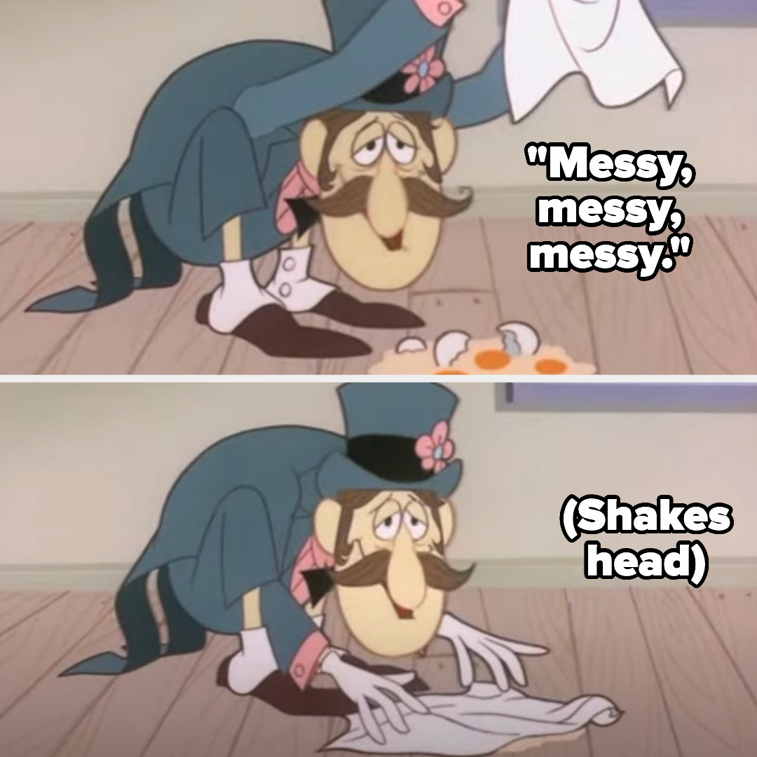 professor hinkle saying &quot;messy, messy, messy&quot; and cleaning up cracked eggs in frosty the snowman