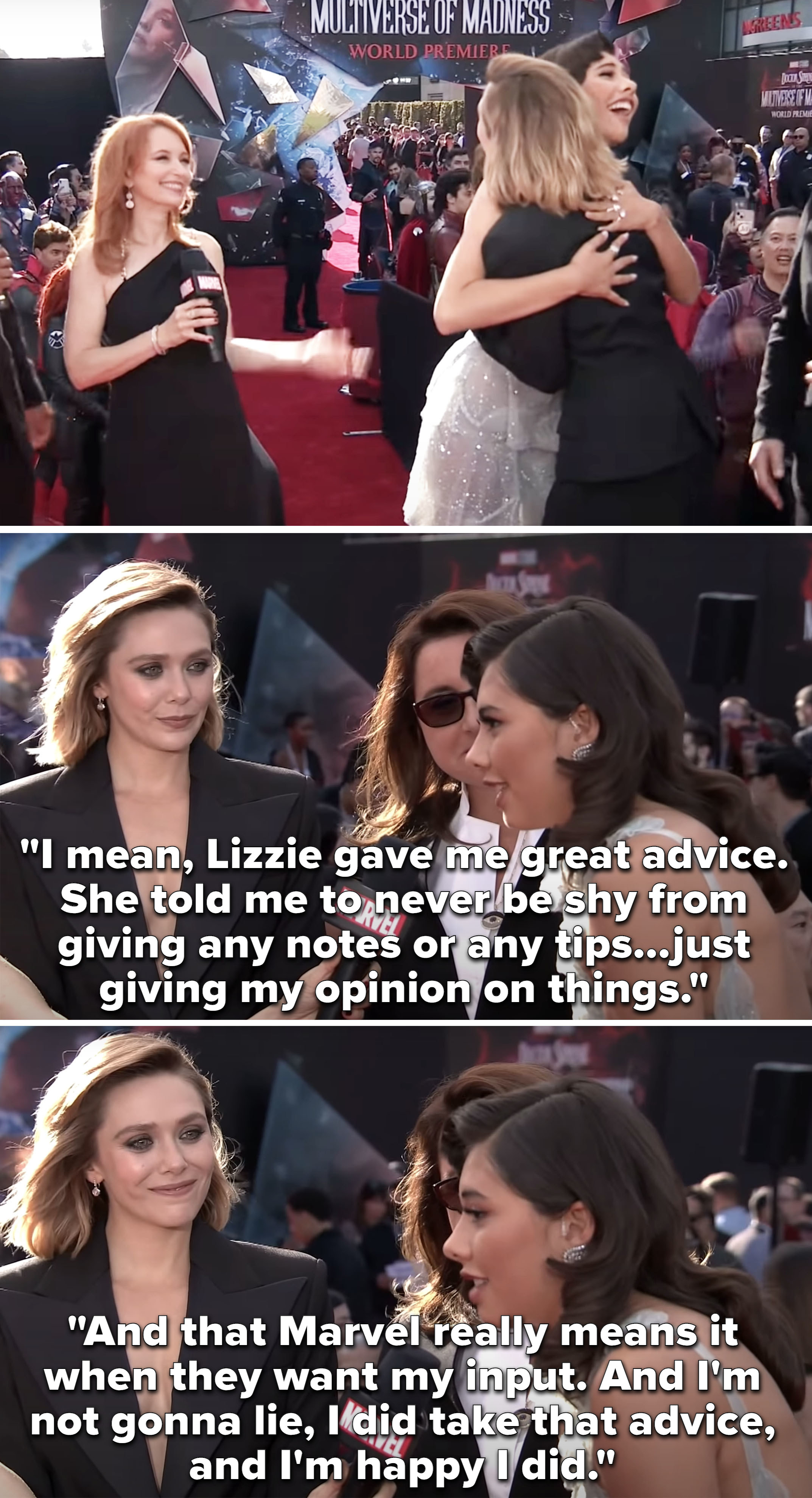 Xochitl Gomez and Elizabeth Olsen on the red carpet, and Gomez saying, &quot;I mean, Lizzie gave me great advice. She told me to never be shy from giving any notes or any tips...just giving my opinion on things.&quot;