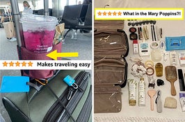 on left, pink caddy with Starbucks tea and wrapped food bag over luggage handle. on right, compressive brown makeup bag next to a bunch of beauty products that fit inside it