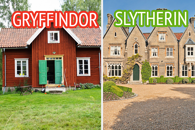 A small cabin in the woods and a large mansion with a gravel driveway