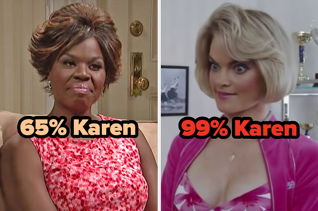 On the left, Leslie Jones with a Karen haircut on SNL labeled 65 percent Karen, and on the right, Mrs. Beauregarde from Charlie and the Chocolate Factory labeled 99 percent Karen