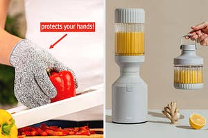 hand wearing a glove while slicing a pepper with text: protects your hands! / a gray blender filled with a yellow beverage next to a piece of ginger and lemon, and a hand holding a matching travel container