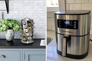 A silver spice rack and a silver air fryer 