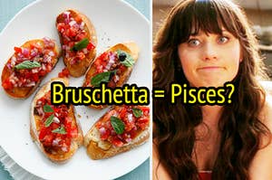 An overhead shot of several pieces of Bruschetta and a close up of Jess Day