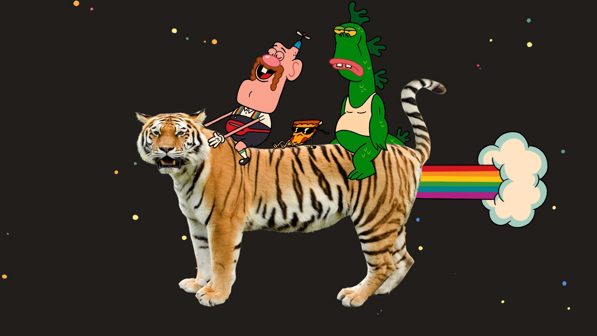 Uncle Grandpa sits on Giant Realistic Flying Tiger with Mr. Gus and Pizza Steve