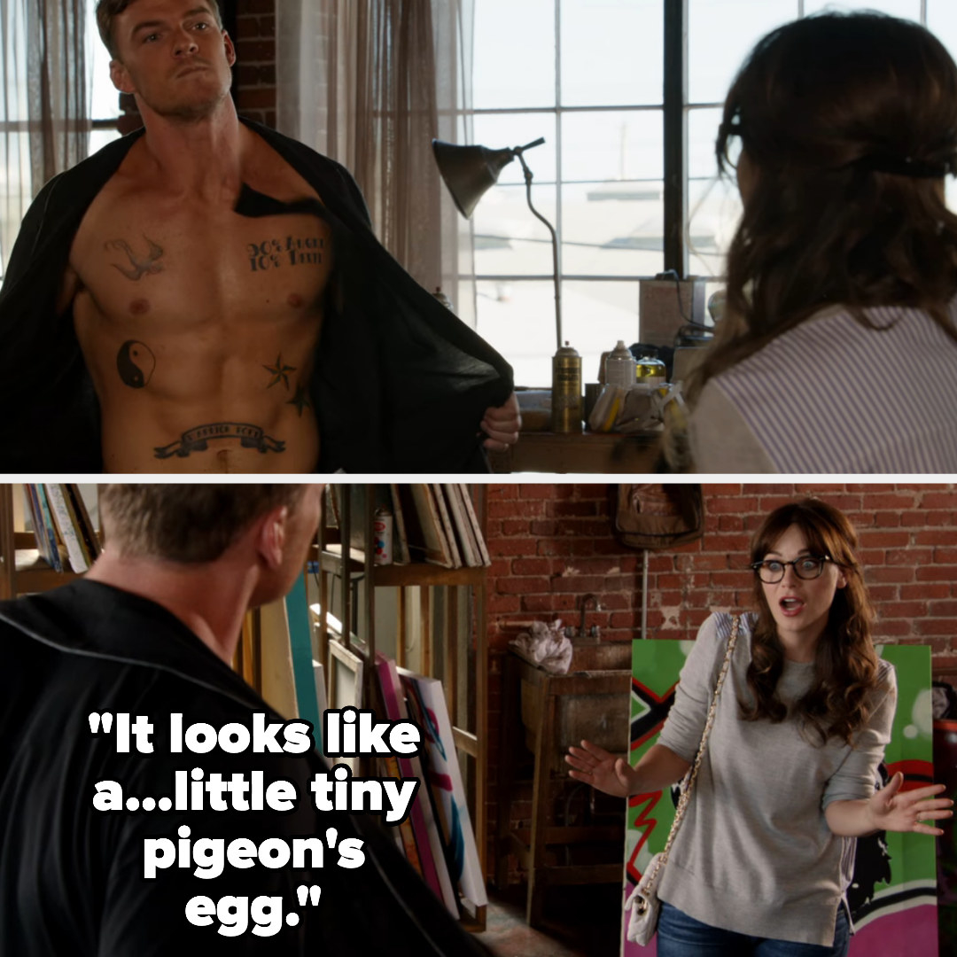 on new girl, a guy exposes himself to jess and she says &quot;it looks like a little tiny pigeon&#x27;s egg&quot;