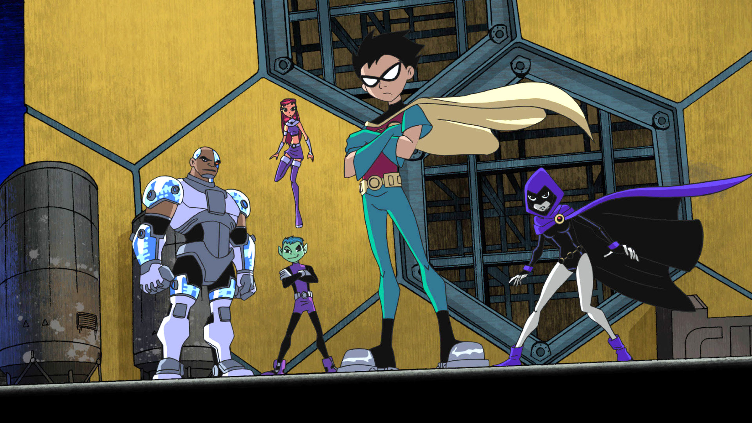 Cast of Teen Titans: Robin, Cyborg, Starfire, Beast Boy and Raven
