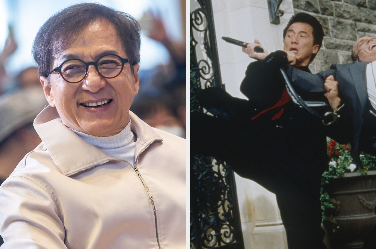 Jackie Chan at an event and in a fighting scene blocking a gun