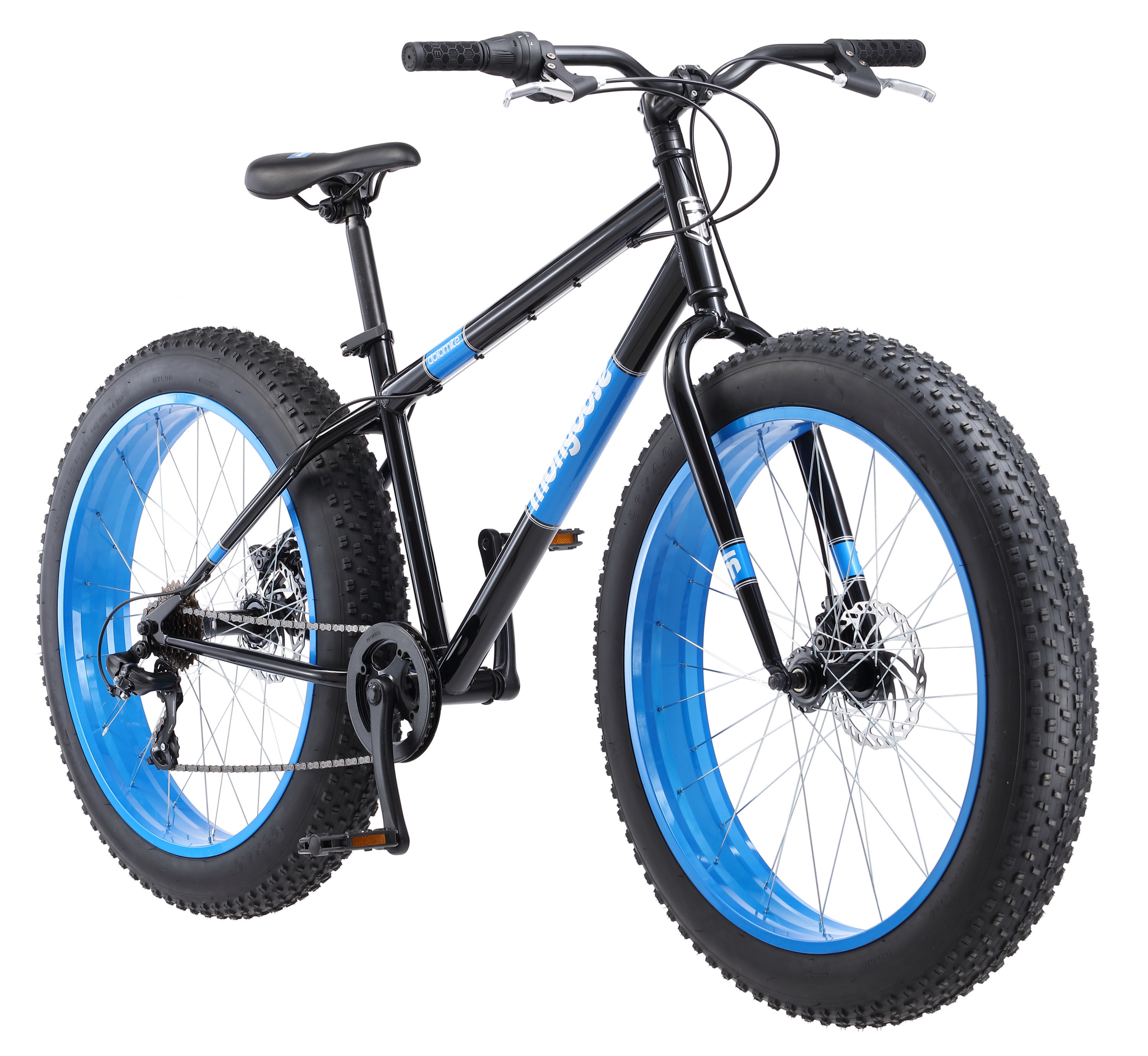 An image of a blue flat tire bike with seven speeds and 26-inch wheels