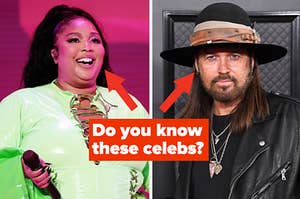 Lizzo is on the left with Billy Ray Cyrus on the right labeled, "Do you know these celebs?"