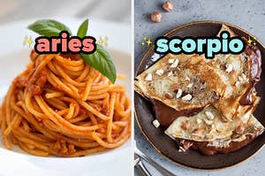 On the left, some spaghetti bolognese labeled Aries, and on the right, some crêpes filled with Nutella labeled Scorpio