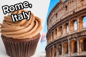 A cupcake is on the left labeled, "Rome, Italy" with the Colosseum on the right
