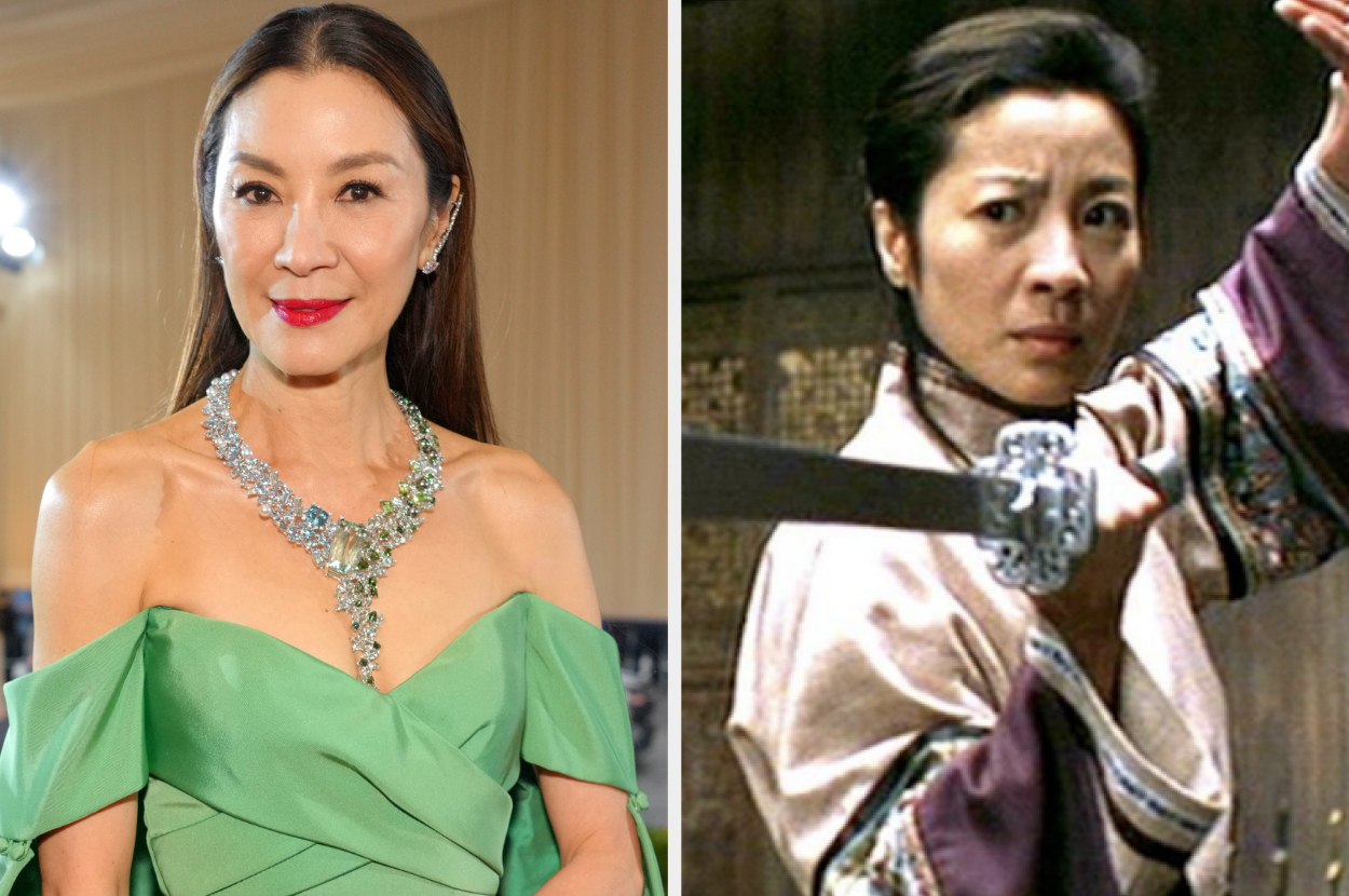 side by side of Yeoh on the red carpet and in character