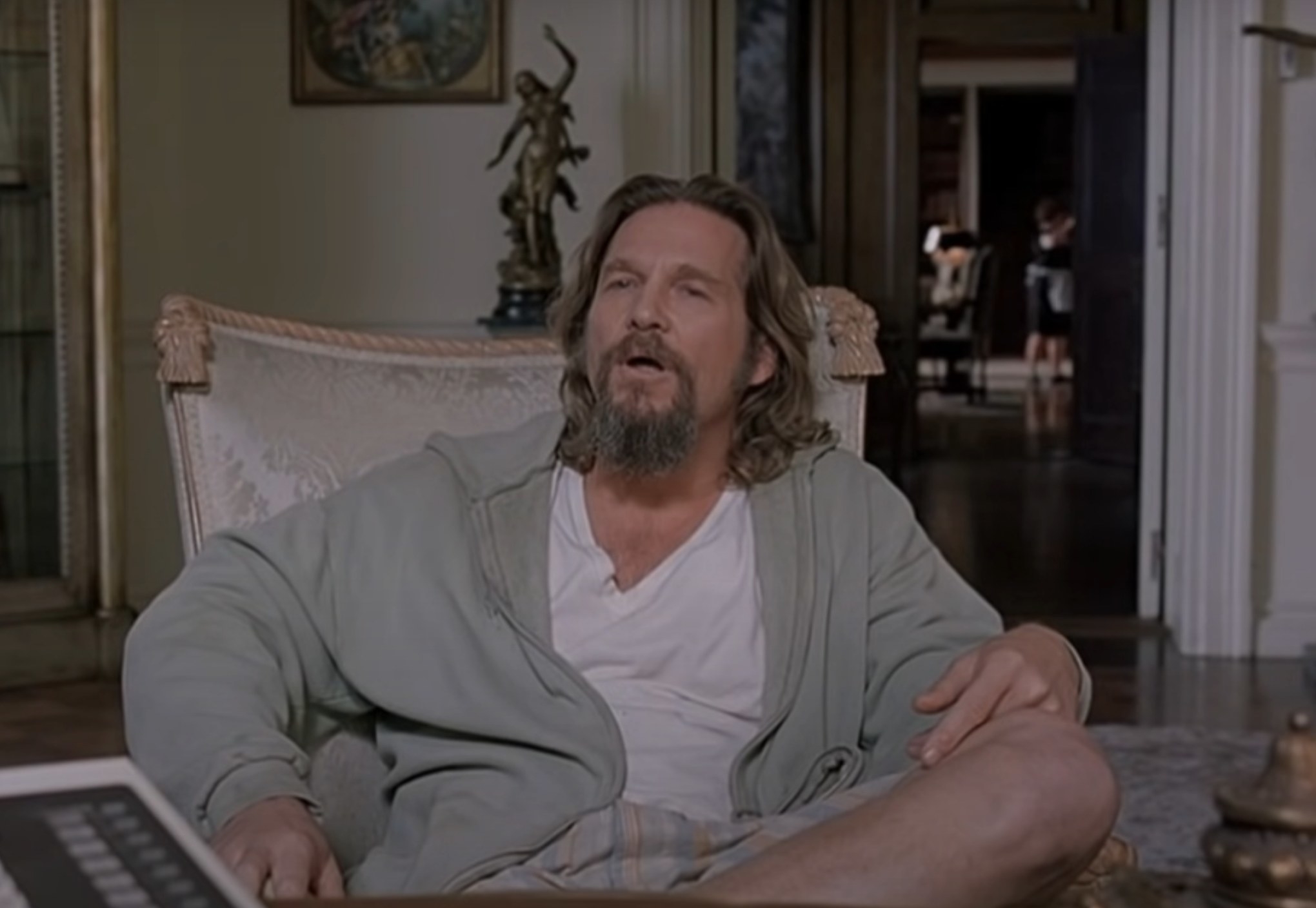 The Dude talks to Jeffrey Lebowski at his home