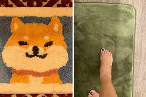 left: reviewer photo of the puppy bath mat. right: reviewer photo putting their feet on a green memory foam bathmat