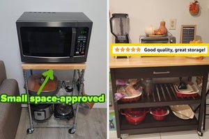 Reviewer image of red microwave on top of brown wooden and black metal cart with wheels, reviewer image of cart with four shelves and white microwave on second shelf