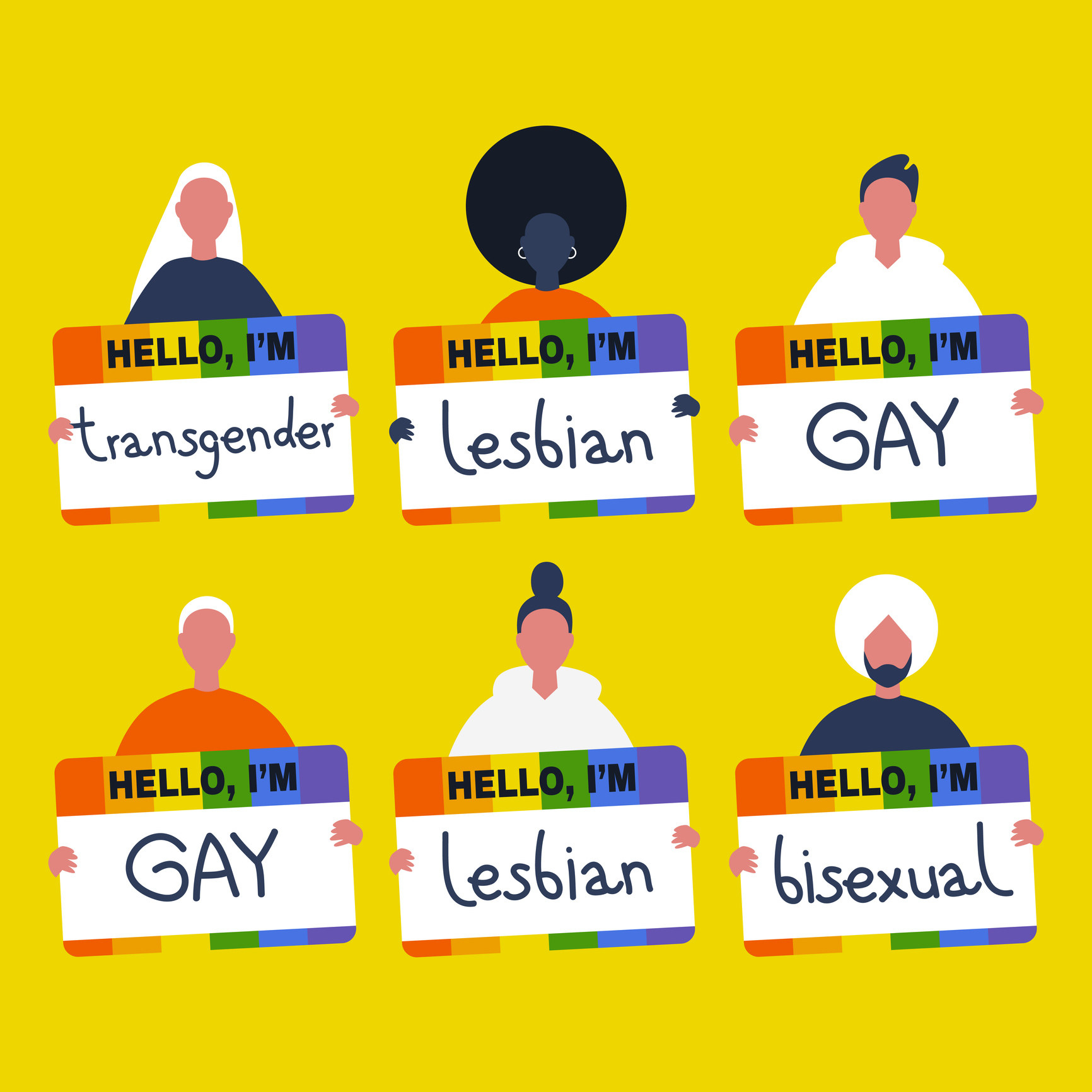 illustration of different people holding up name tags with their individual sexual identity