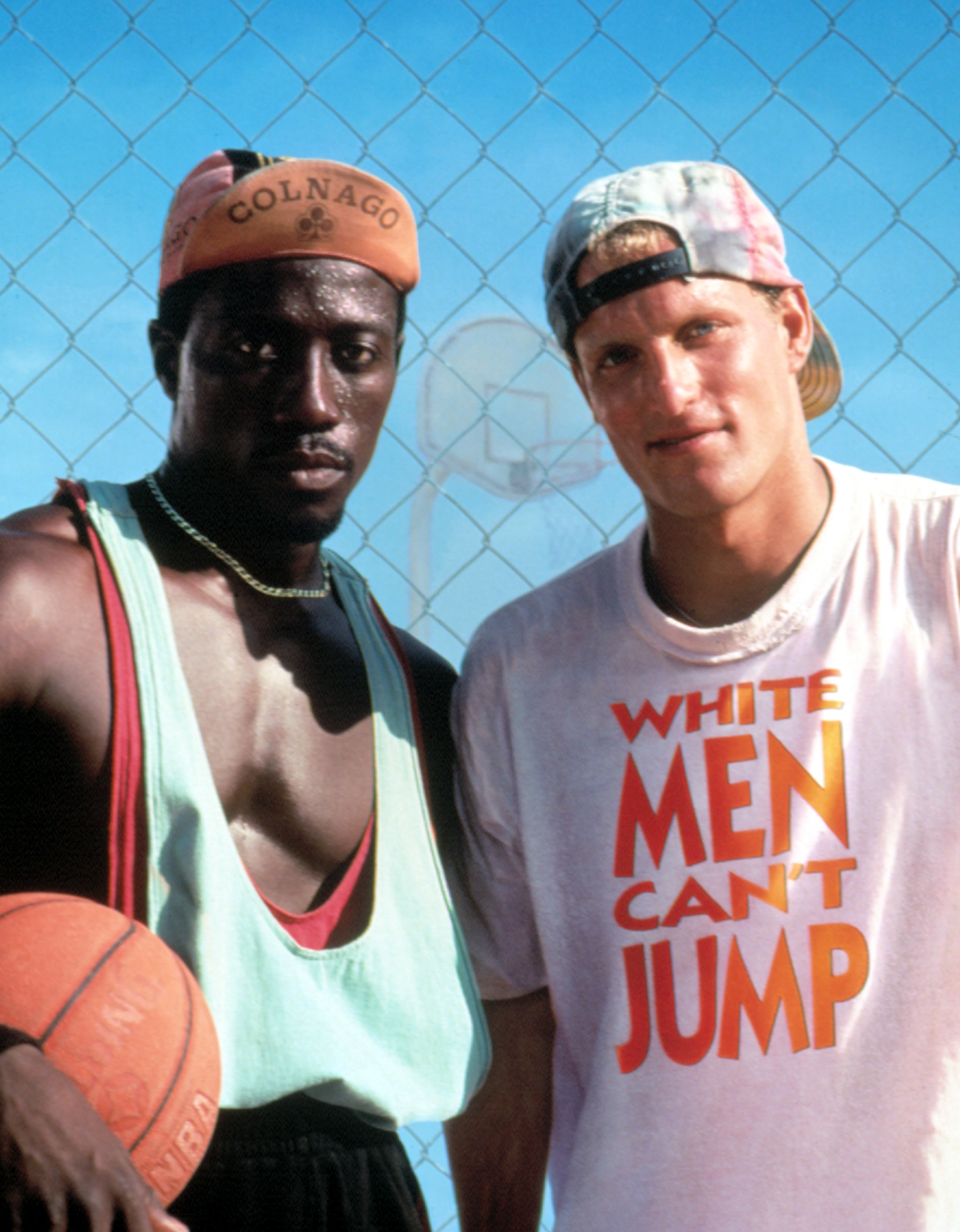 Wesley Snipes as Sidney and Woody Harrelson as Billy pose in a promotional photo for &quot;White Men Can&#x27;t Jump&quot;