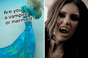 "Are you a vampire or mermaid?" is on the left with a vampire on the right