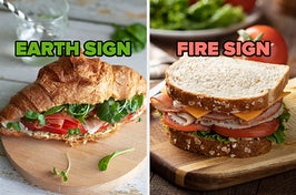 On the left, a veggie sandwich on a croissant labeled earth sign, and on the right, a turkey sandwich with lettuce, tomato, and cheese on a wheat bread labeled fire sign