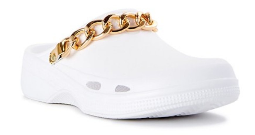 White clogs with a gold chain accent