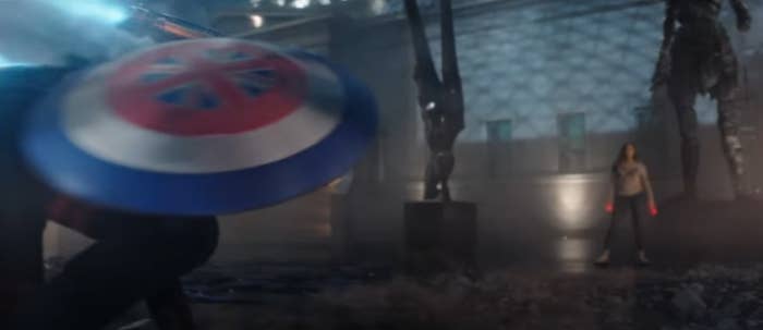 Captain Carter using her jet-pack while fighting Wanda