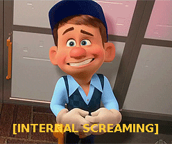 A young male cartoon character who is smiling but has a cringe expression on their face; there is text saying &quot;Internal screaming&quot;