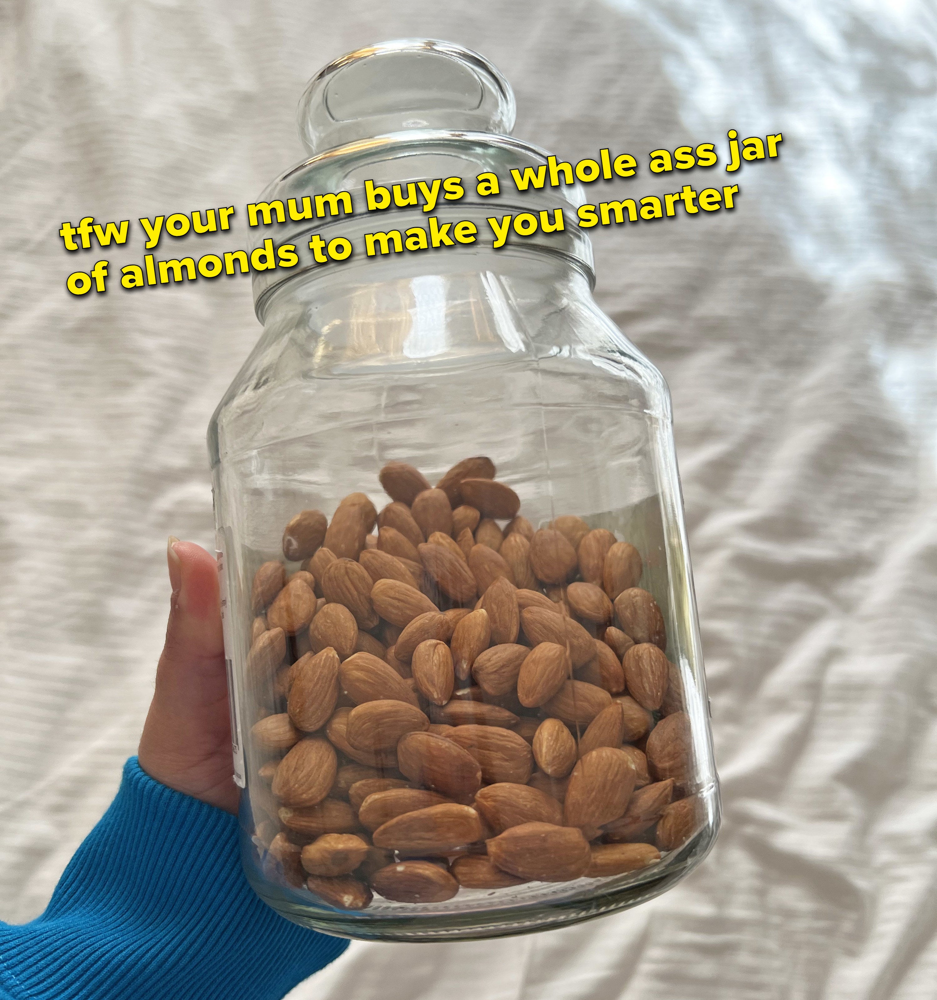 A hand holding a large glass jar filled with almonds; there is text saying "tfw your mum buys a whole ass jar of almonds to make you smarter"