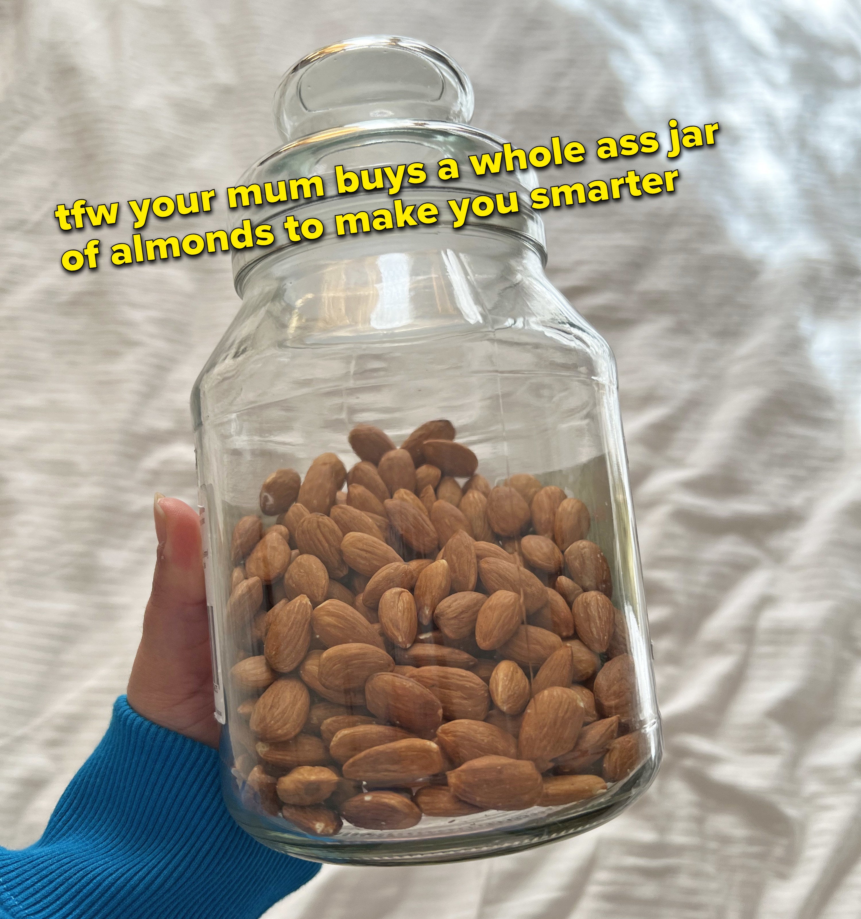 A hand holding a large glass jar filled with almonds; there is text saying &quot;tfw your mum buys a whole ass jar of almonds to make you smarter&quot;