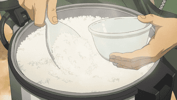 A GIF of an anime character spooning rice from a rice cooker into a bowl