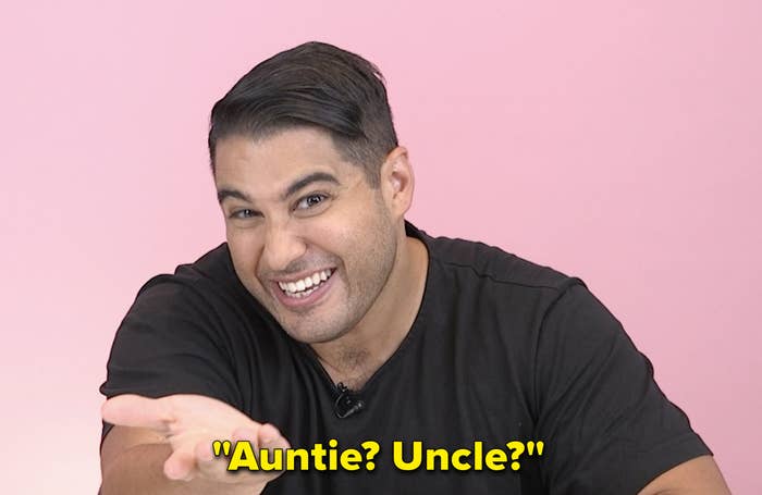 A close up of Marc Fennell with his hand stretched out; there is text saying &quot;Auntie? Uncle?&quot;