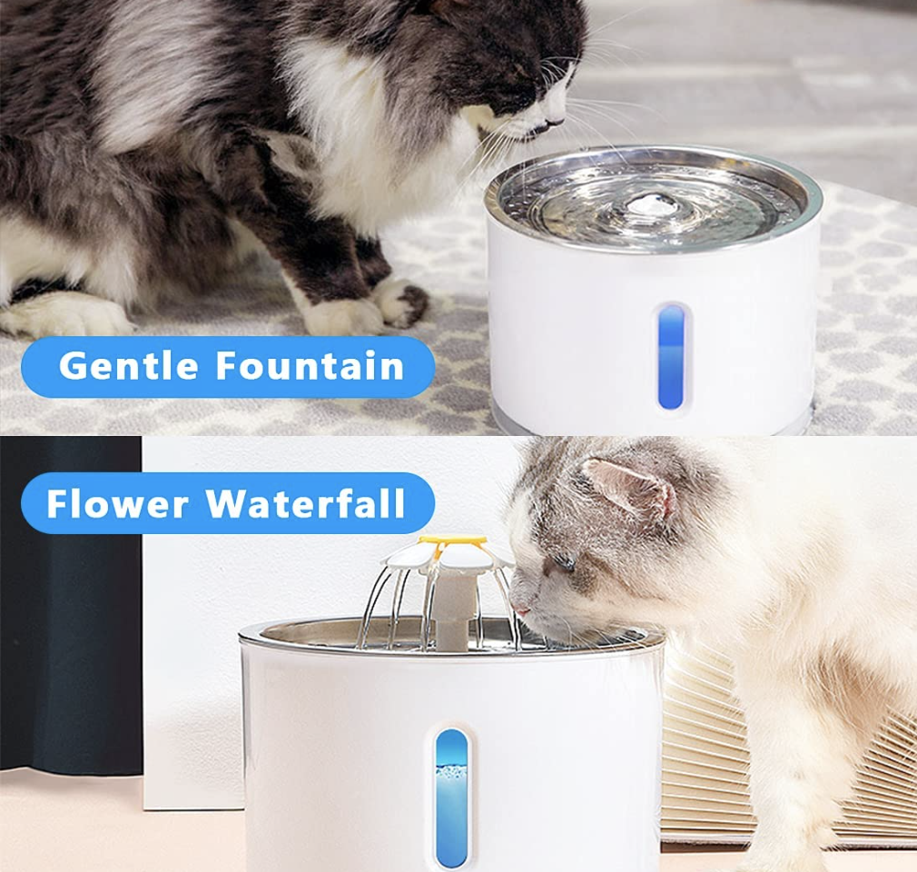 Two styles of water flow and cats drinking from them