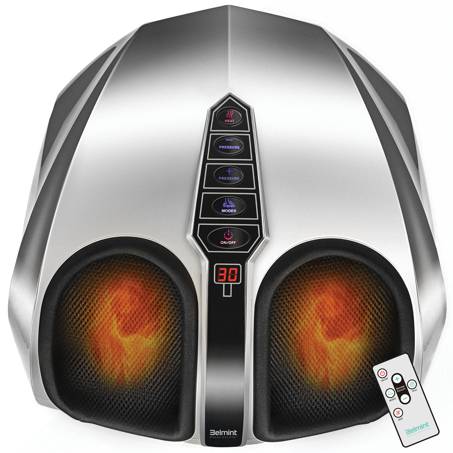 An image of a electric foot massager with five pressure settings and a heating function