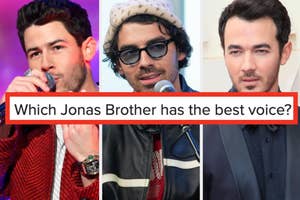 Nick Jonas sings into a microphone, Kevin Jonas wears a spotted beanie with dark sunglasses, and Kevin Jonas wears a dark suit