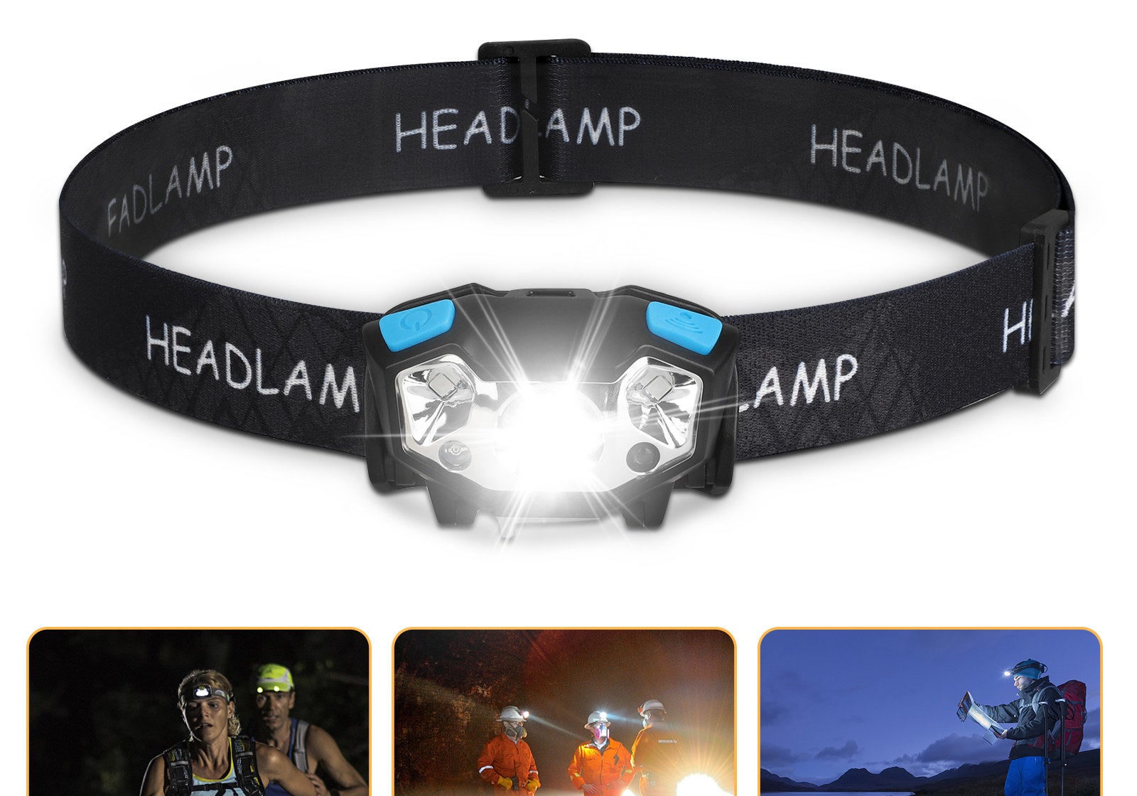 An image of a waterproof LED headlamp with five lighting modes