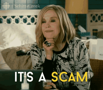 A woman saying, &quot;It&#x27;s a scam&quot;