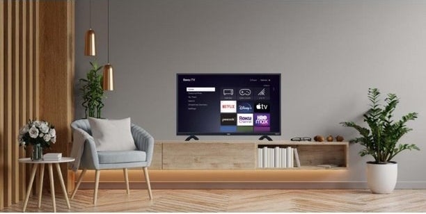 An image of a Roku smart TV which provides access to 450,000+ movies and TV episodes across thousands of free and paid channels