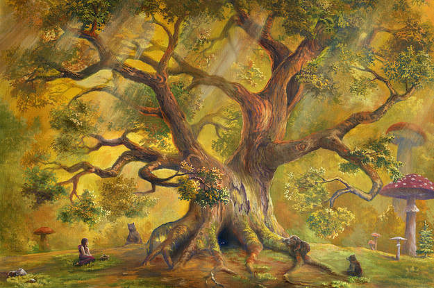 a big tree surrounded by mushrooms and animals