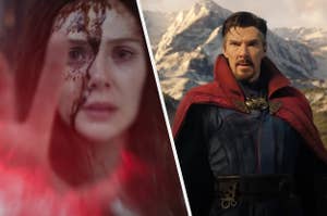 On the left is Elizabeth Olsen as Wanda covered in blood about to using her chaos magic and on the right is Benedict Cumberbatch as Dr Strange looking at an oncoming enemy in the distance