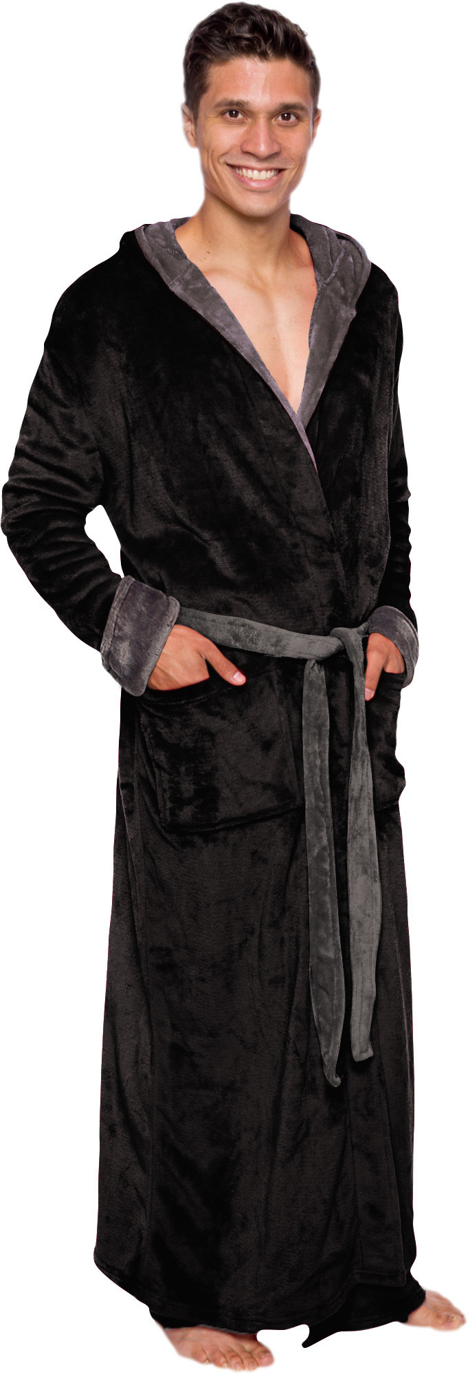 An image of a model wearing a black fleece bathrobe