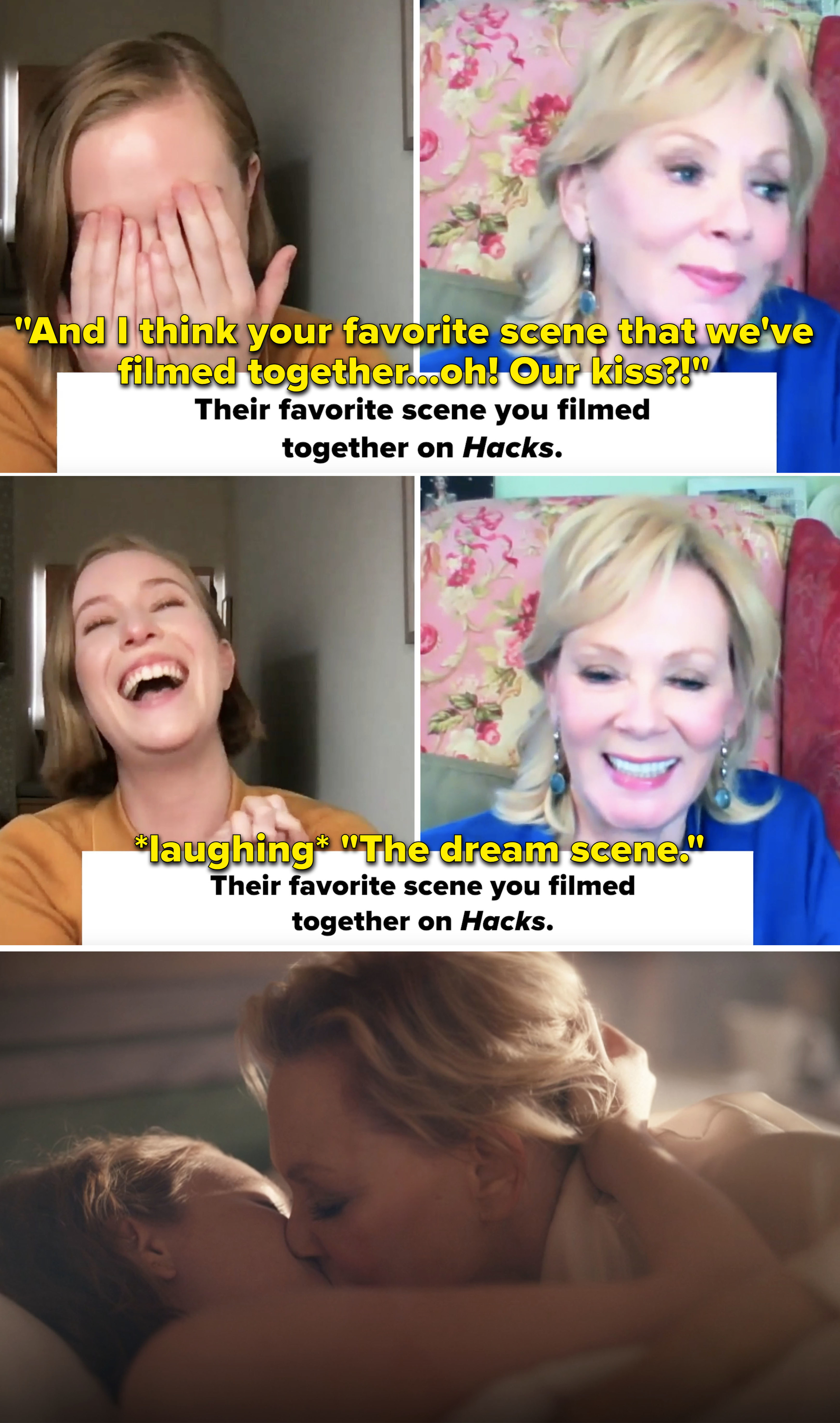 Hannah Einbinder and Jean Smart laughing during interview and kissing during a scene in HBO&#x27;s &quot;Hacks.&quot;