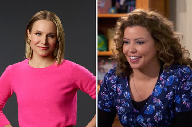 Kristen Bell is posing on the left with a scene from "One Day at a Time"