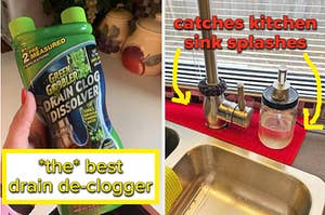 hand holding a bottle of drain de-clogger, mat behind kitchen sink for catching splashes