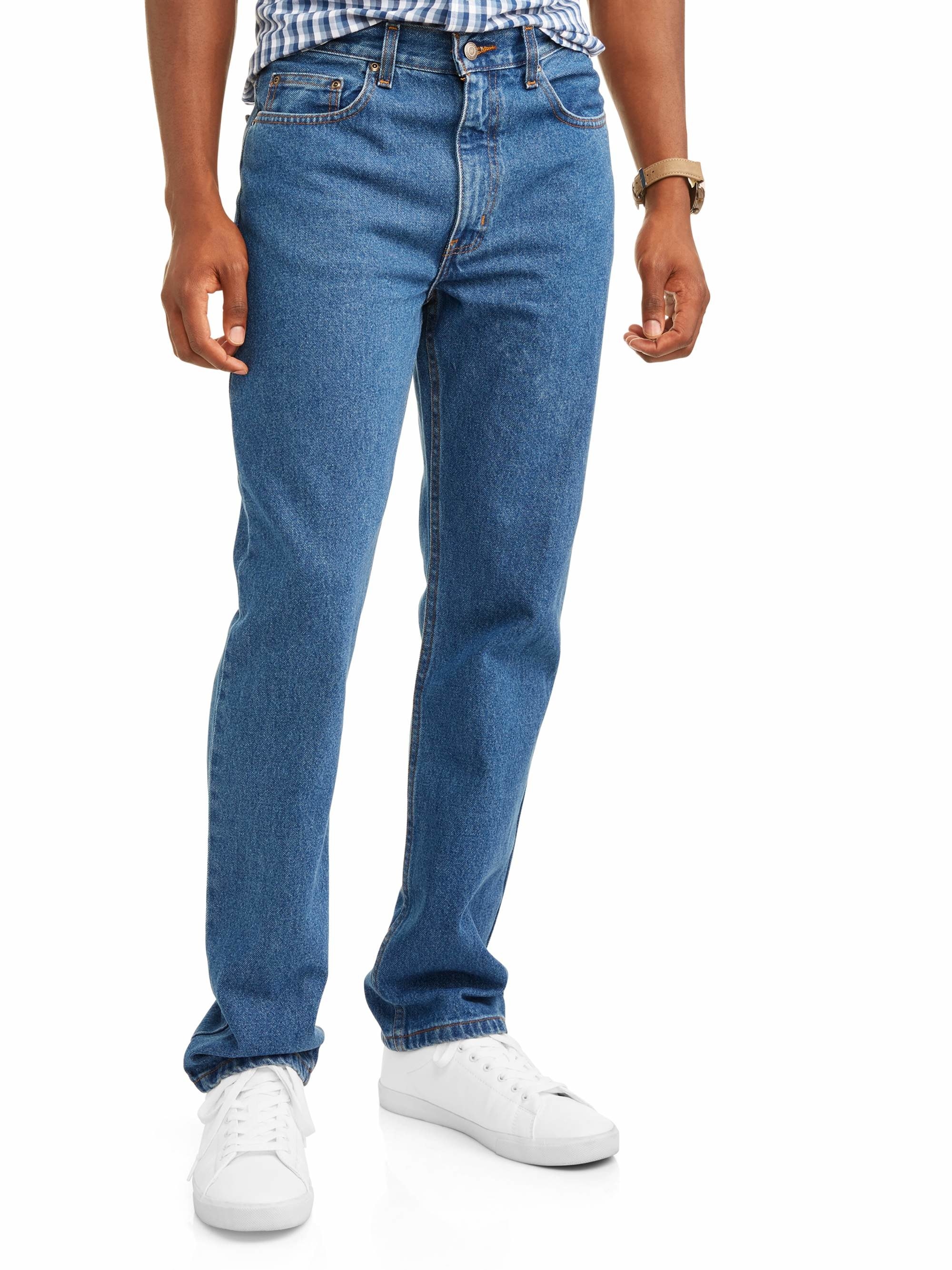 An image of a model wearing a pair of a regular fit jeans made with 100 percent durable cotton