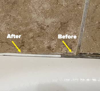 reviewer photo showing grout that's partly clean and partly dirty to show how effective the cleaner is