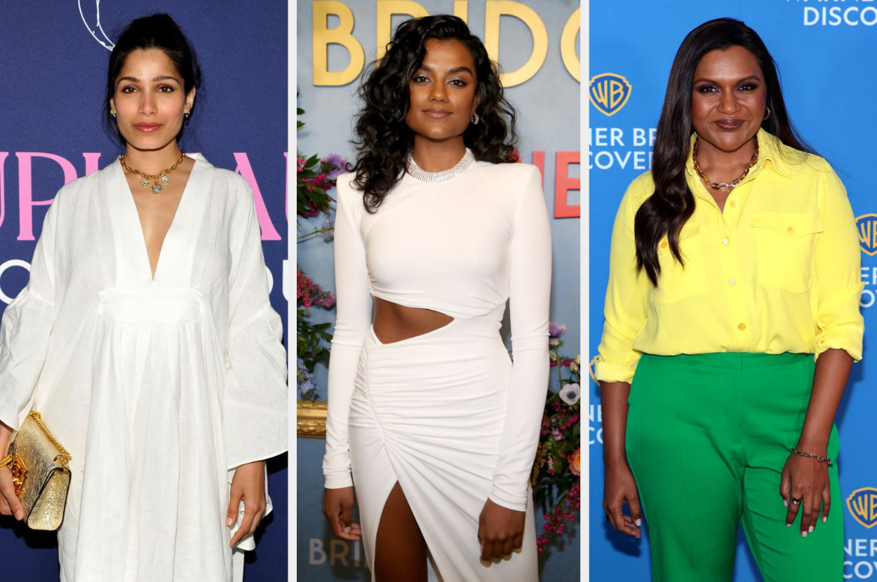 Separate photos of Freida, Simone, and Mindy on the red carpet