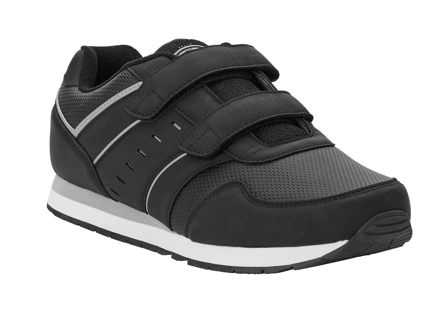 An image of a black athletic shoes with fast strap closure and a cushioned insole