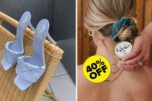 A pair of heeled sandals hanging on the back of a lounge chair, A person turned around holding a candle tin behind their back