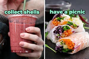 左边是装在塑料杯里的浆果奶昔，上面写着“收集贝壳”，右边是写着“野餐”的蔬菜春卷