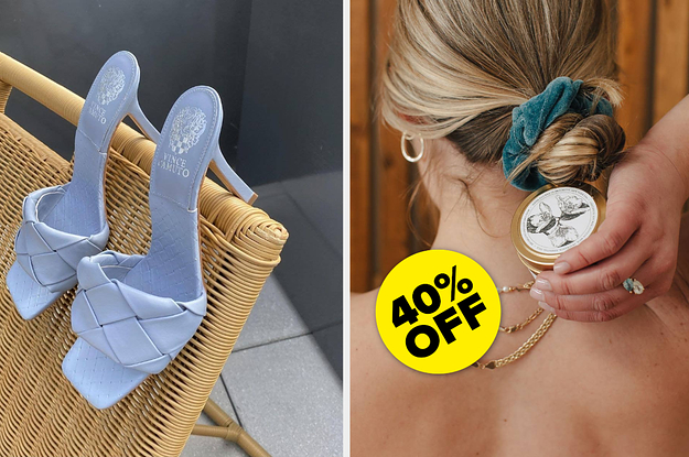 A pair of heeled sandals hanging on the back of a lounge chair, A person turned around holding a candle tin behind their back